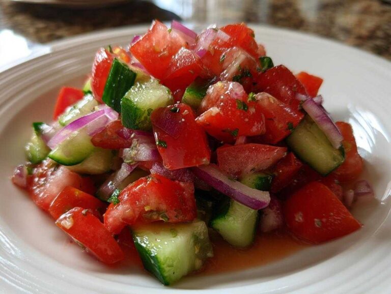 Close-up of a refreshing Cucumber Onion and Tomato Salad featuring diced tomatoes, cucumbers, and red onion.