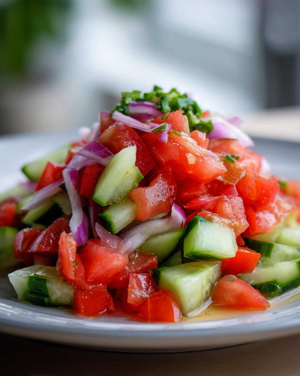 Close-up of a vibrant Cucumber Onion and Tomato Salad featuring diced tomatoes, cucumbers, red onion, and herbs.