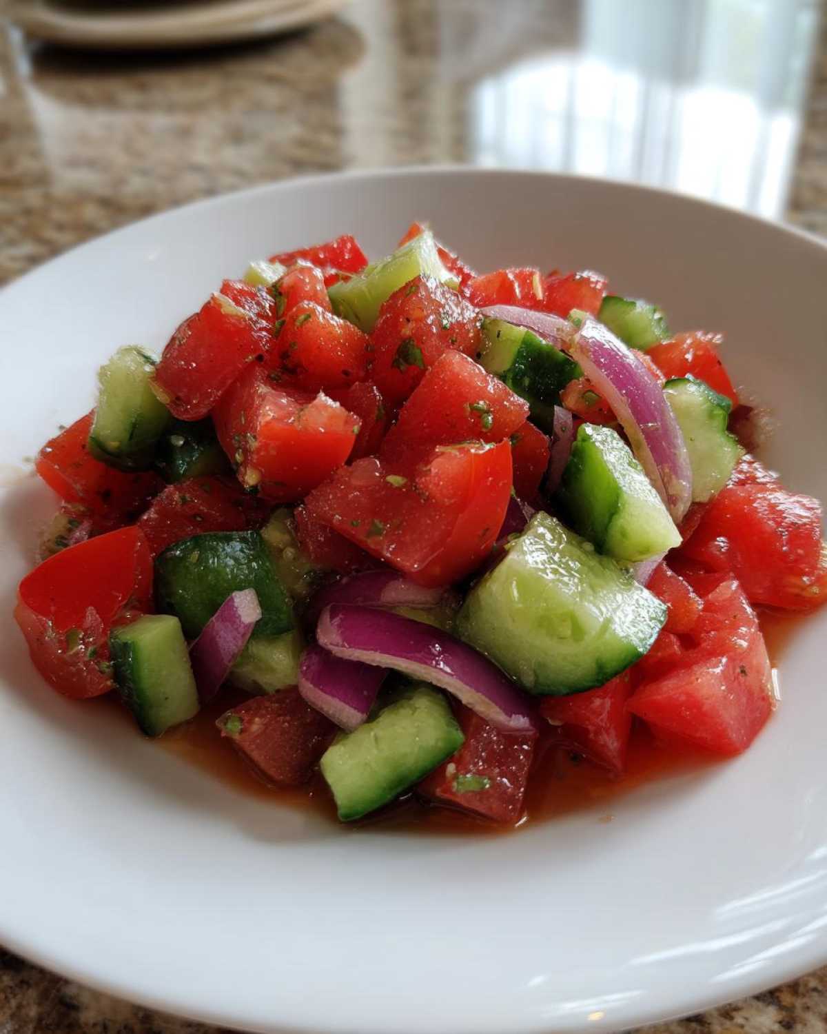 Close-up of a fresh Cucumber Onion and Tomato Salad with visible chunks of red tomato, green cucumber, and purple onion in a white bowl.