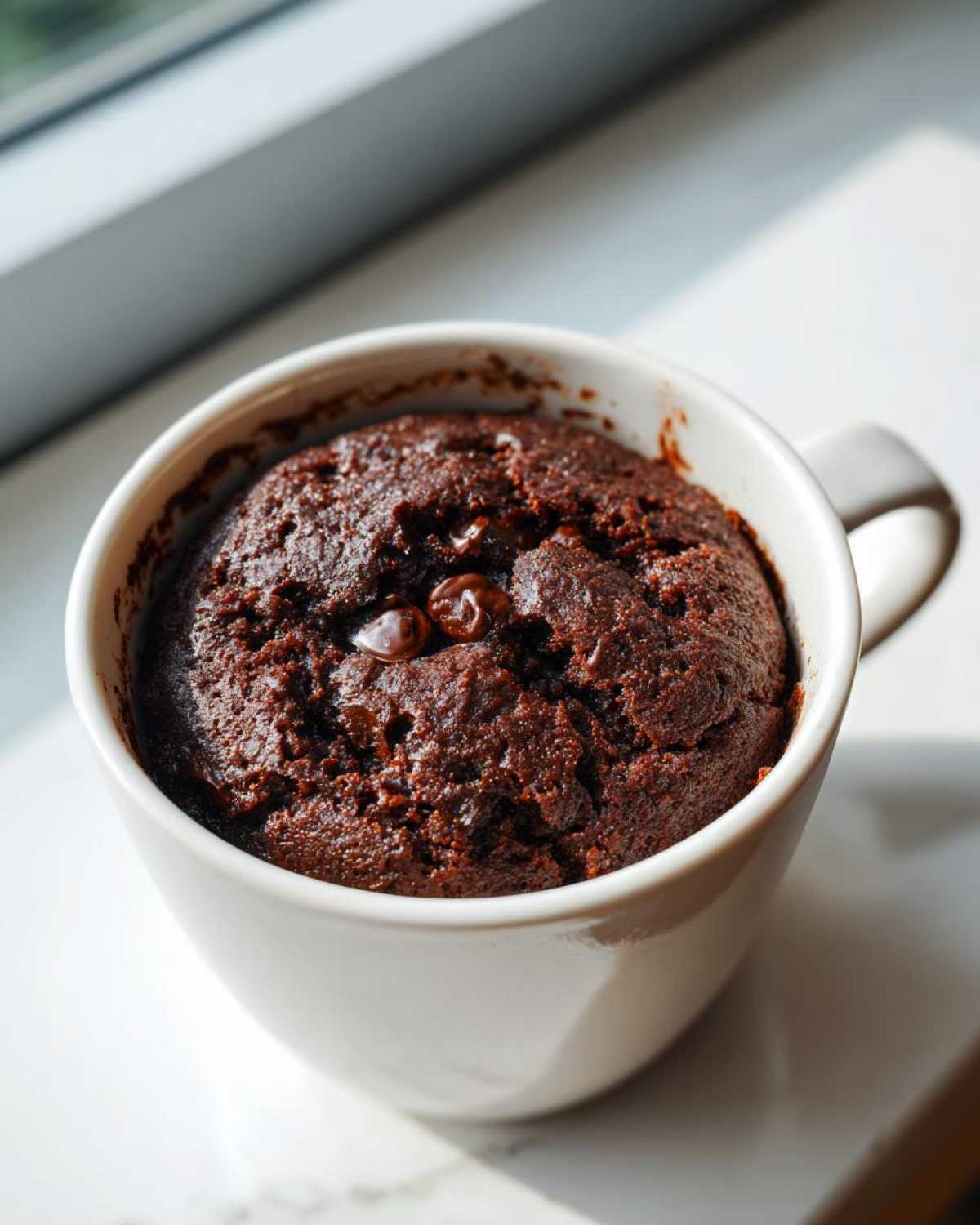 Close-up of a rich, moist Dark Chocolate Banana Bread Mug Cake topped with melted chocolate chips.