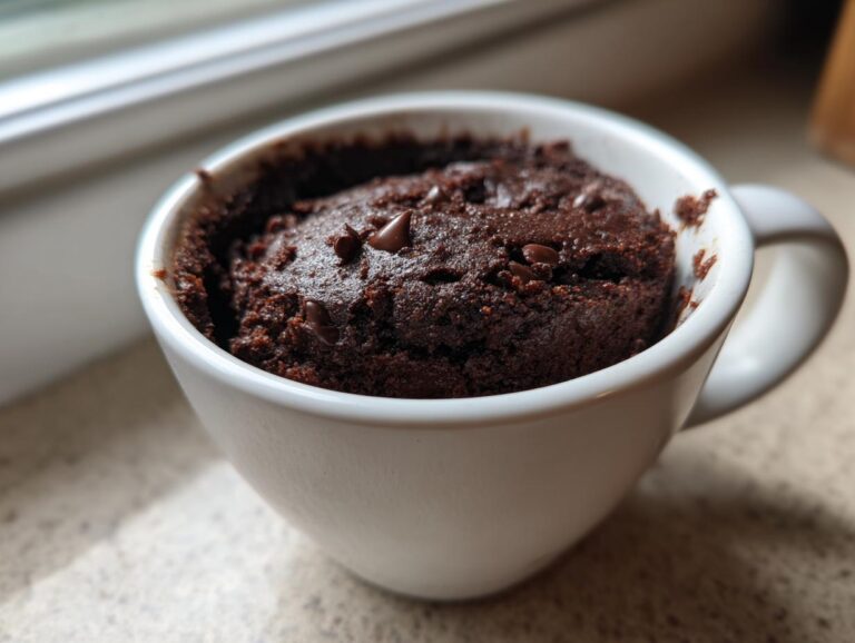 Close-up of a freshly baked Dark Chocolate Banana Bread Mug Cake topped with chocolate chips in a white mug.