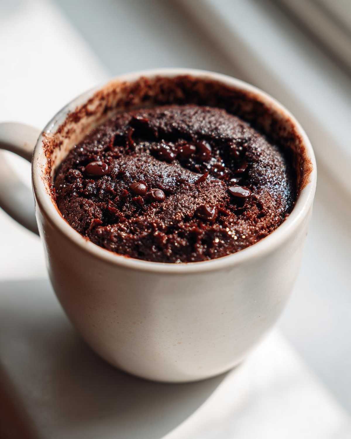 Close-up of a freshly baked Dark Chocolate Banana Bread Mug Cake topped with melted chocolate chips in a white mug.