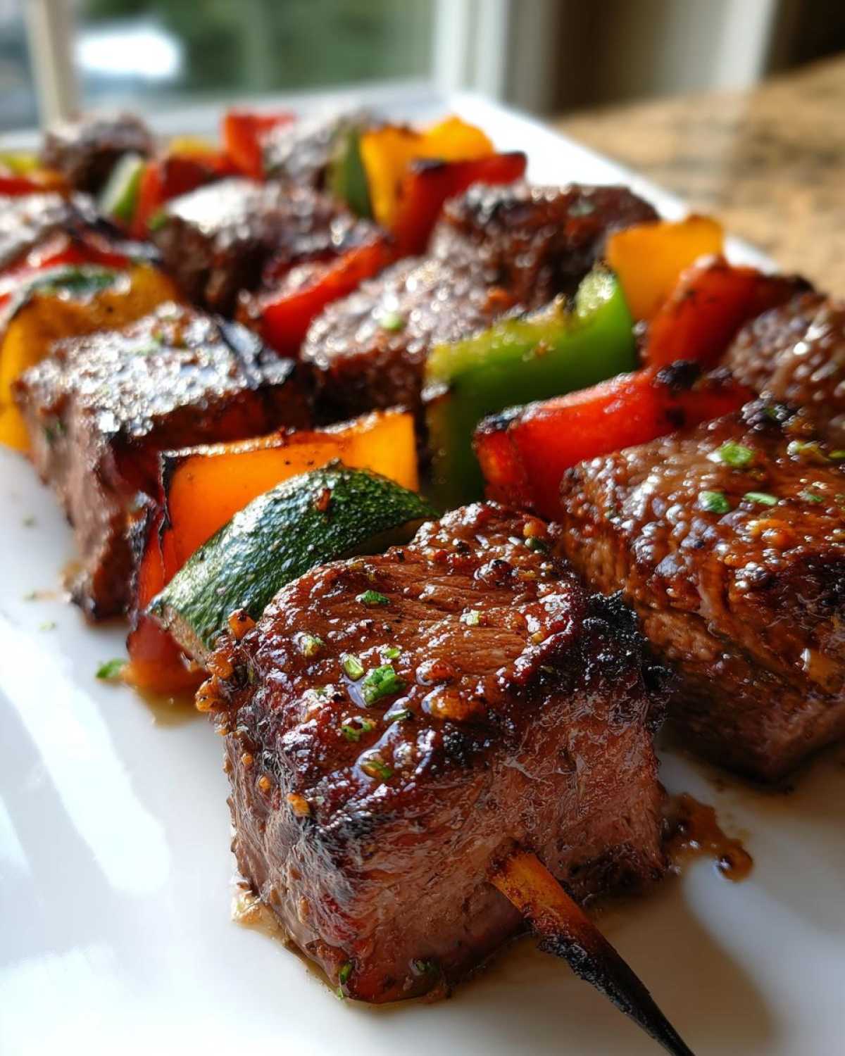Close-up of perfectly grilled Steak Kebabs featuring glazed beef chunks and colorful bell peppers and zucchini.