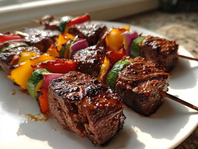 Close-up of glossy, glazed Steak Kebabs featuring chunks of seared beef interspersed with colorful bell peppers, zucchini, and red onion.