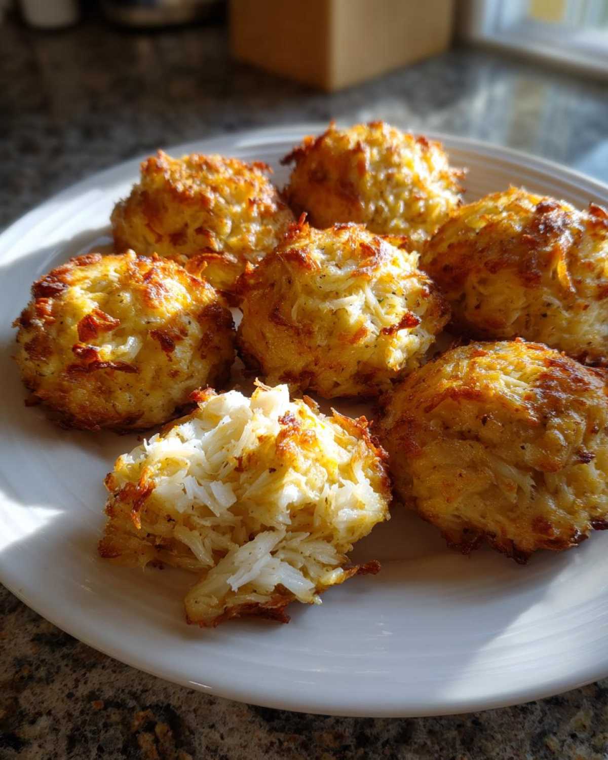 Six golden-brown, baked Crab Bombs with shredded textures served on a white plate, one is broken open.