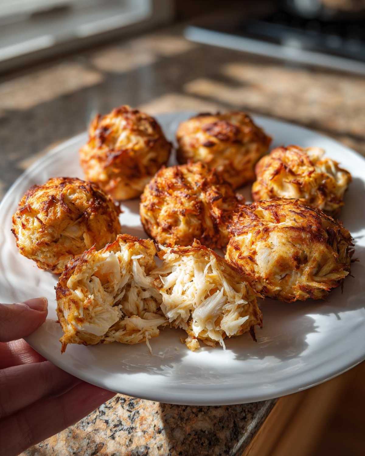 A plate of golden brown Crab Bombs, with one broken open to show the flaky white crab meat inside.