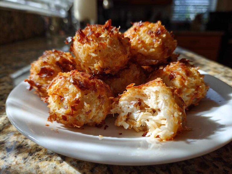 A pile of golden-brown, toasted Crab Bombs on a white plate, one is broken open showing the shredded interior.