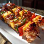 Two skewers of Grilled Pineapple Chicken Kabobs with Teriyaki Glaze, featuring charred chicken, pineapple chunks, and bell peppers.