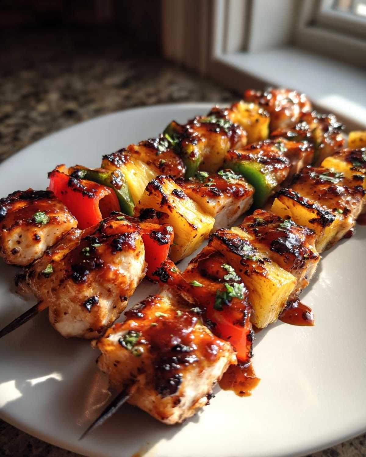 Close-up of perfectly grilled pineapple chicken kabobs drizzled with teriyaki glaze, featuring chicken, pineapple, and bell peppers.