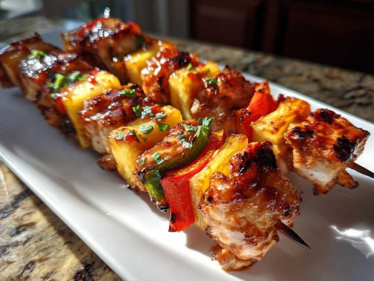 Two skewers of Grilled Pineapple Chicken Kabobs with Teriyaki Glaze, featuring charred chicken, pineapple chunks, and bell peppers.