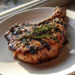 Close-up of a juicy, grilled rosemary pork chop with char marks, garnished with fresh rosemary.