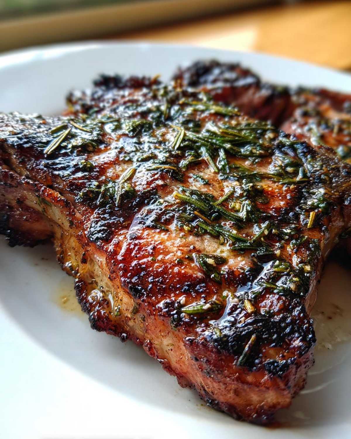Close-up of a juicy, grilled rosemary pork chop with a beautiful sear and fresh rosemary topping.