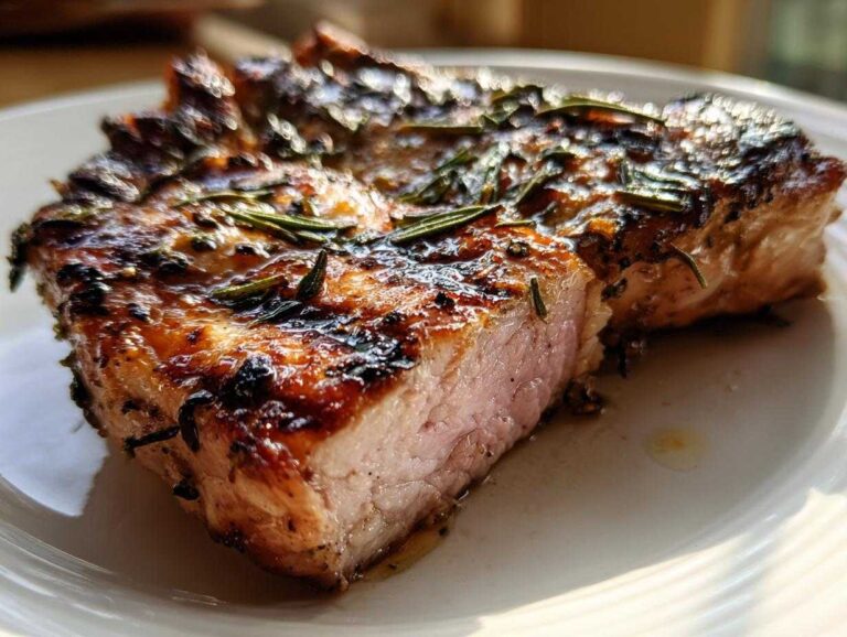 Close-up of a juicy, thick Grilled Rosemary Pork Chop showing a slight pink center and charred rosemary seasoning.