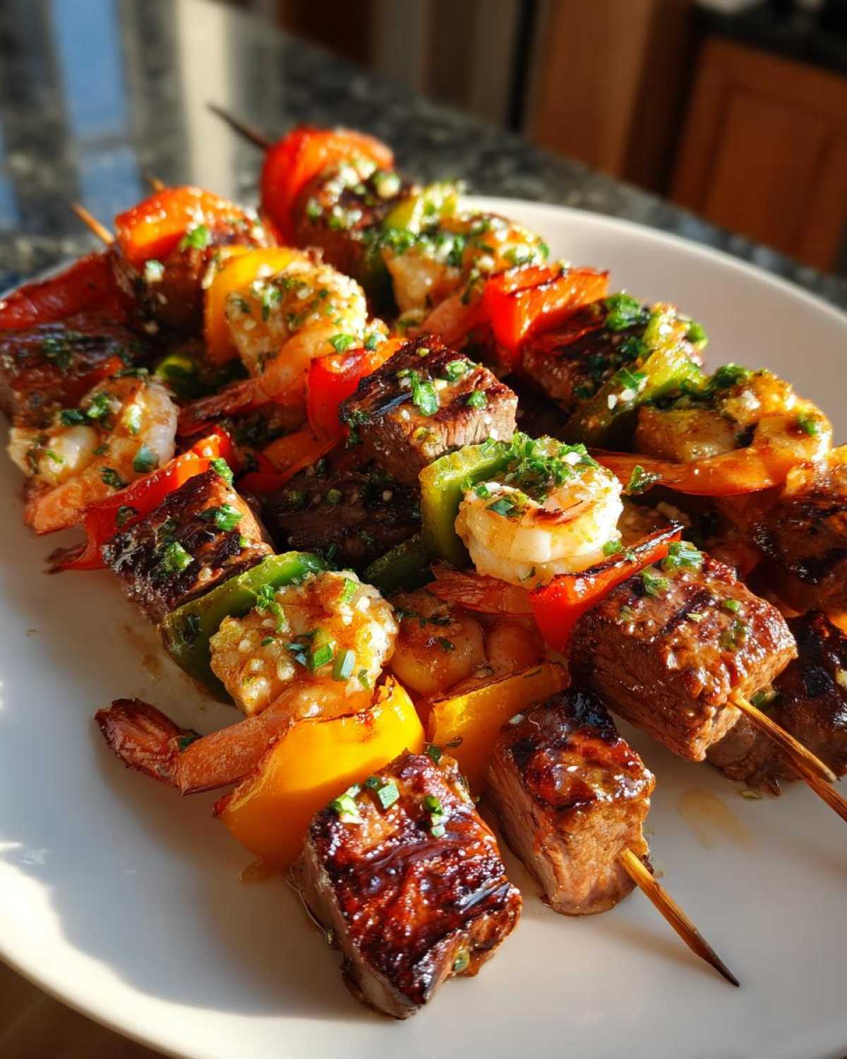 Close-up of perfectly cooked Grilled Steak and Shrimp Skewers with colorful peppers, drizzled with garlic butter.