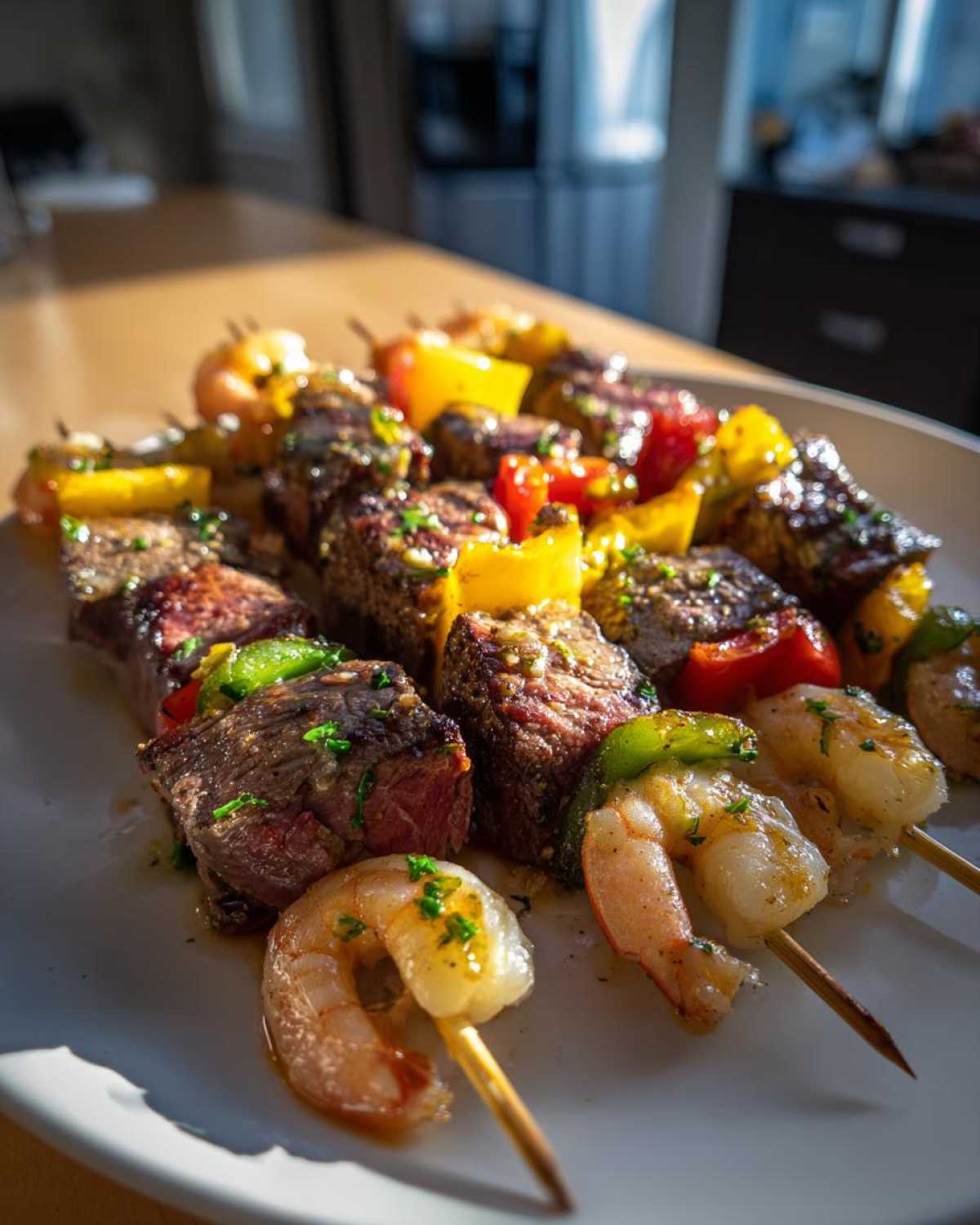 Close-up of several Grilled Steak and Shrimp Skewers glistening with garlic butter and topped with bell peppers.