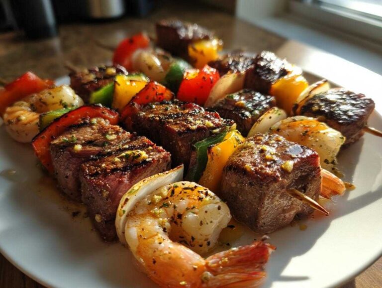 Close-up of perfectly cooked Grilled Steak and Shrimp Skewers drizzled with garlic butter.
