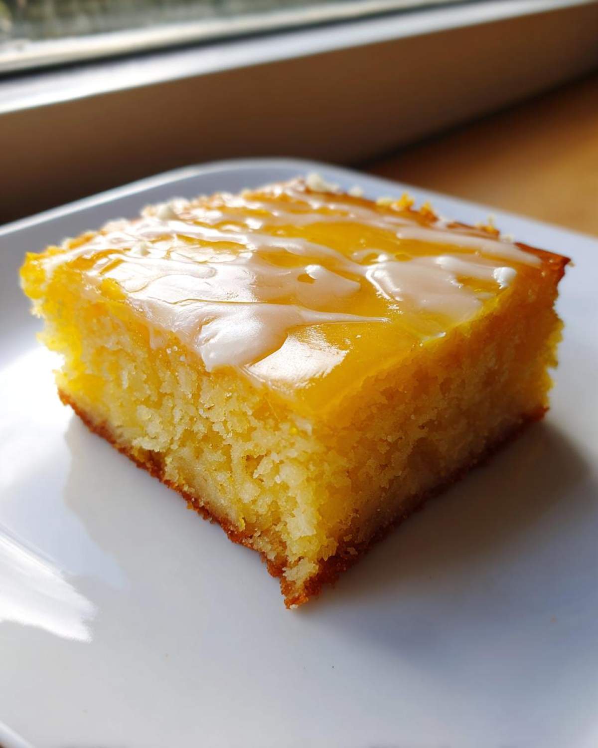 A square slice of bright yellow Lemon Brownies topped with a shiny lemon glaze and white icing drizzle.