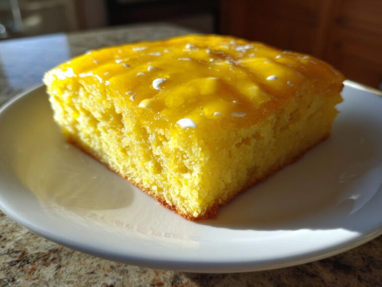 A square slice of bright yellow Lemon Brownies topped with a shiny lemon glaze and white sprinkles.