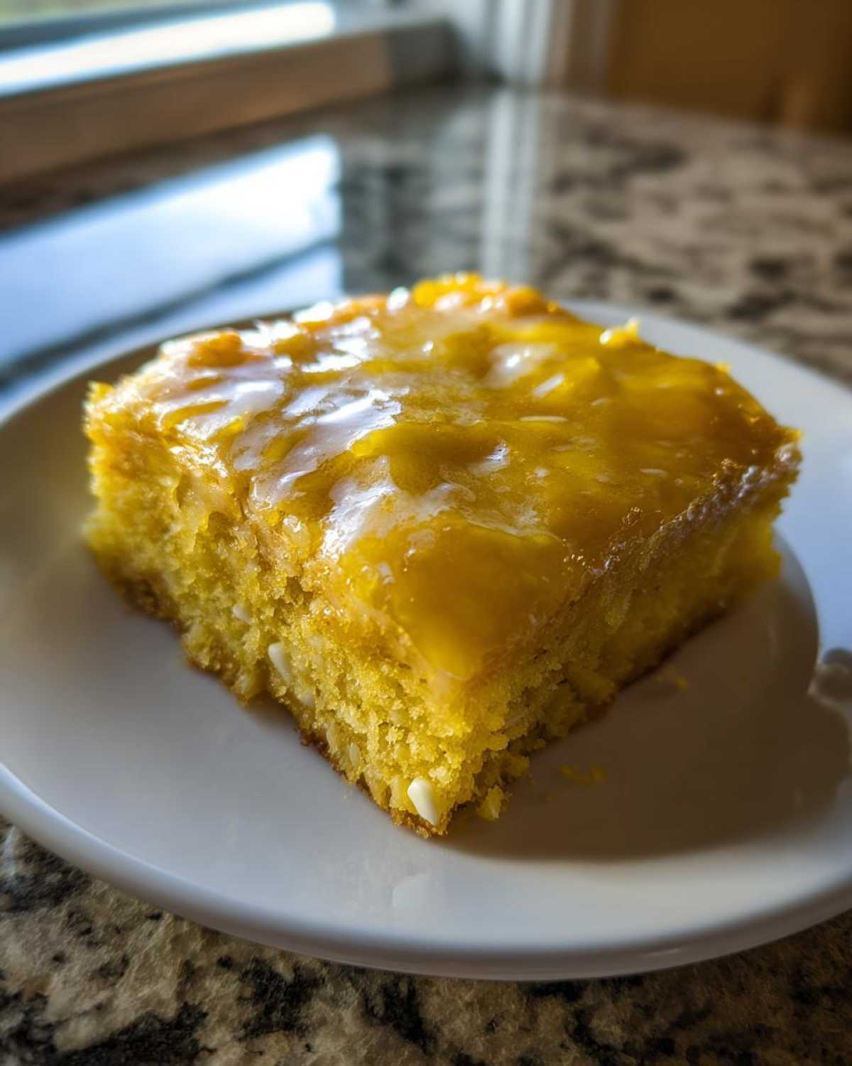 A single square of bright yellow Lemon Brownies topped with a thick, shiny lemon glaze, resting on a white plate.