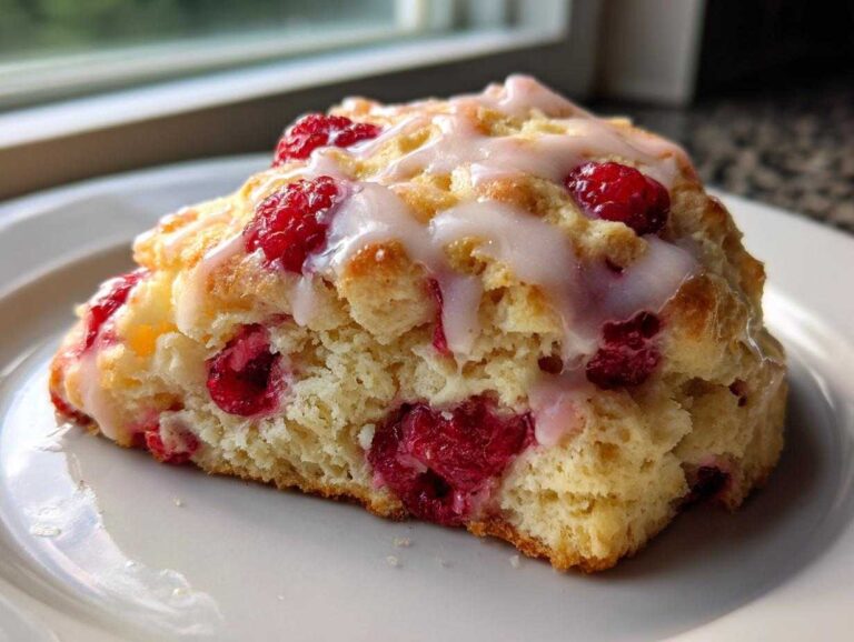 A close-up of a single, freshly baked Lemon Raspberry Scones slice topped with a sweet white glaze.