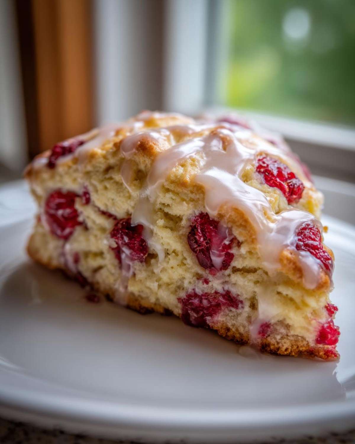 A close-up, appetizing shot of a single slice of Lemon Raspberry Scones topped with a sweet white glaze.