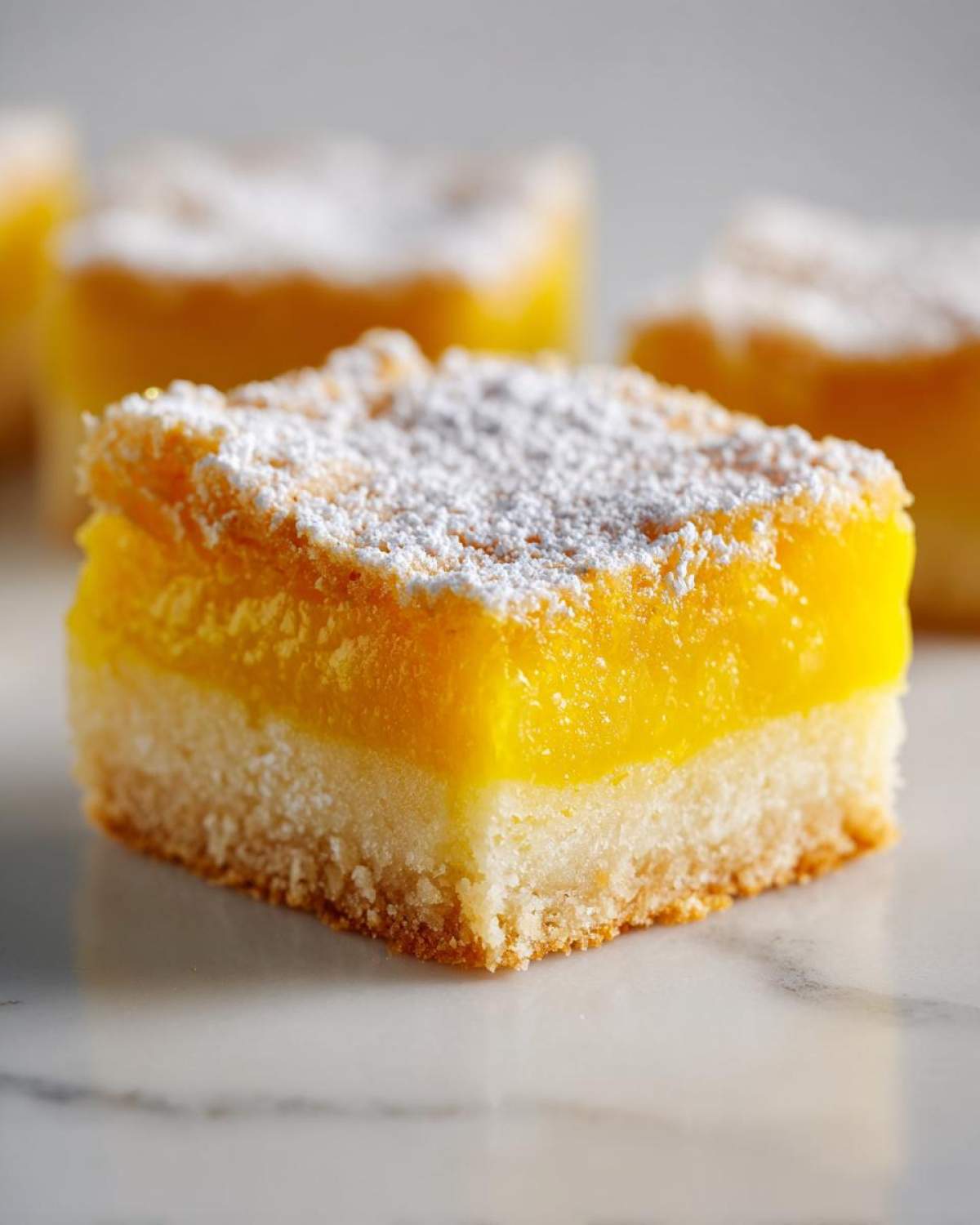 A close-up, single square of bright yellow Mango Lemon Bars topped with a dusting of white powdered sugar.