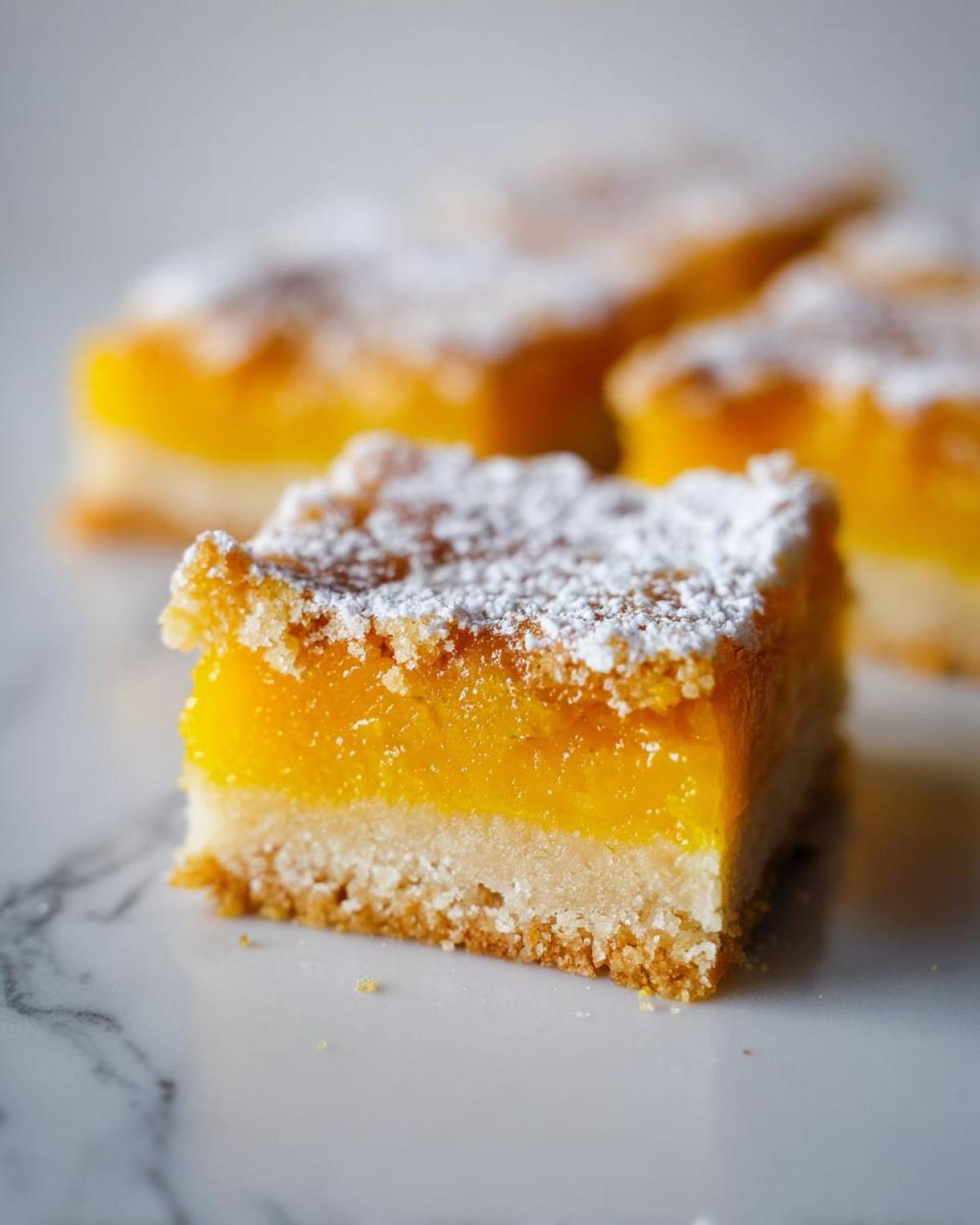 A close-up of a square Mango Lemon Bars slice topped with white powdered sugar, resting on a marble surface.