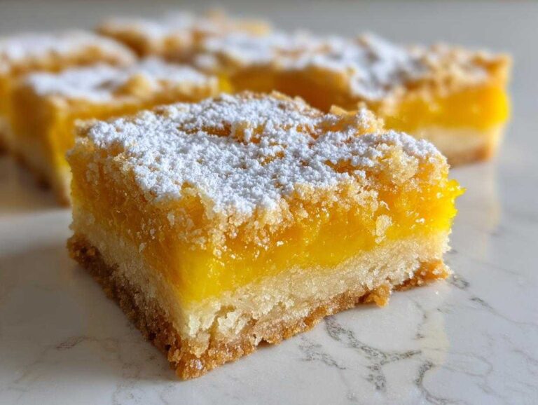 A close-up of a square Mango Lemon Bars slice showing the bright yellow filling, shortbread crust, and a dusting of powdered sugar.