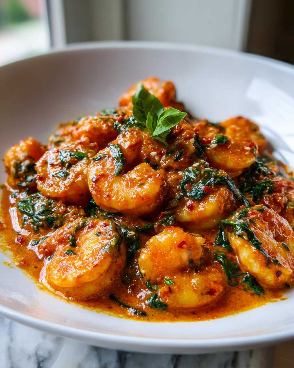 Close-up of succulent Marry Me Shrimp coated in a rich, creamy, orange-red sauce with visible herbs and chili flakes.