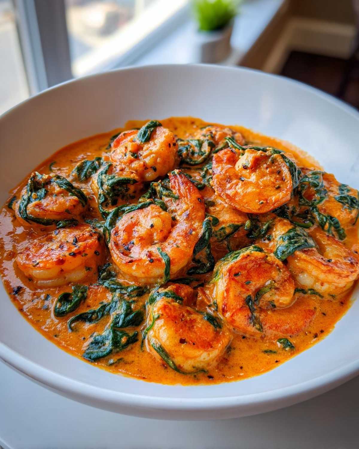 A white bowl filled with vibrant Marry Me Shrimp coated in a creamy, reddish-orange sauce with wilted spinach.