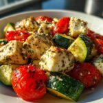 Close-up of Mediterranean Chicken Zucchini Bake with seasoned chicken, zucchini chunks, cherry tomatoes, and feta cheese.