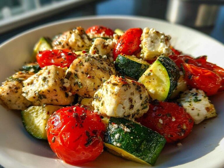 Close-up of Mediterranean Chicken Zucchini Bake with seasoned chicken, zucchini chunks, cherry tomatoes, and feta cheese.