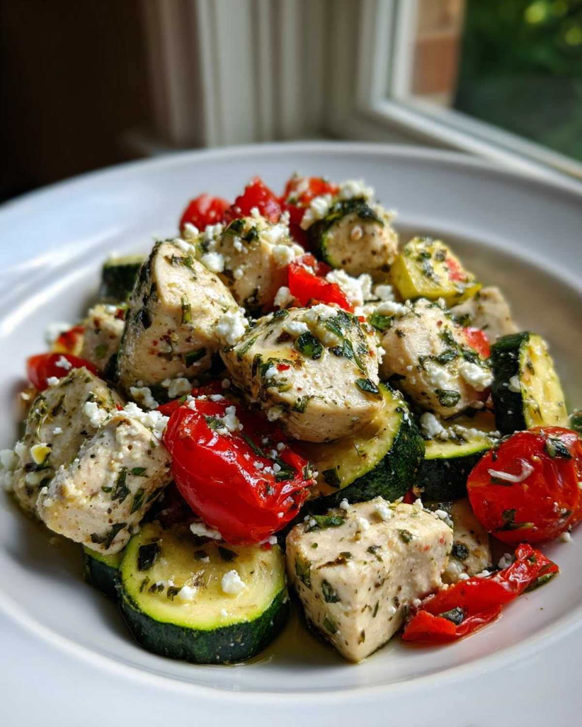 Close-up of Mediterranean Chicken Zucchini Bake featuring seasoned chicken chunks, roasted zucchini slices, and cherry tomatoes topped with feta.