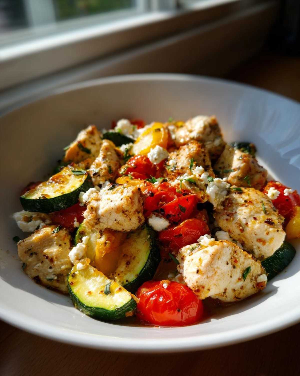 A white bowl filled with Mediterranean Chicken Zucchini Bake, featuring seasoned chicken chunks, roasted zucchini slices, and cherry tomatoes topped with feta.