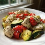 Close-up of Mediterranean Chicken Zucchini Bake with seasoned chicken, zucchini, tomatoes, and feta.