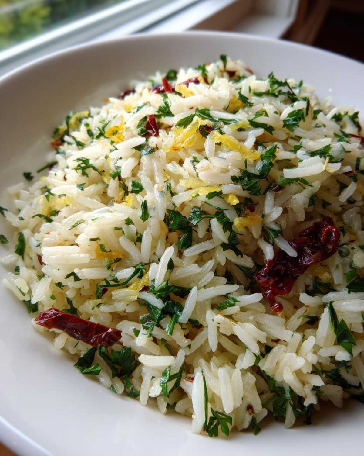 Close-up of fluffy white Mediterranean Rice mixed with chopped green parsley, yellow lemon zest, and dried red peppers.