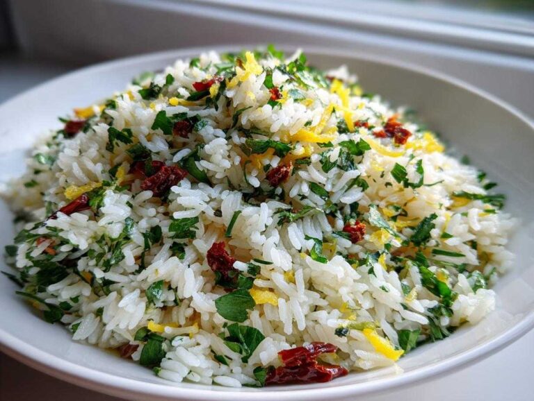 A white bowl filled with fluffy Mediterranean Rice mixed with chopped parsley, sun-dried tomatoes, and bright lemon zest.