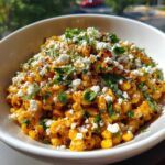 A close-up of vibrant Mexican Street Corn Salad featuring charred corn kernels topped with crumbled white cheese and fresh cilantro.