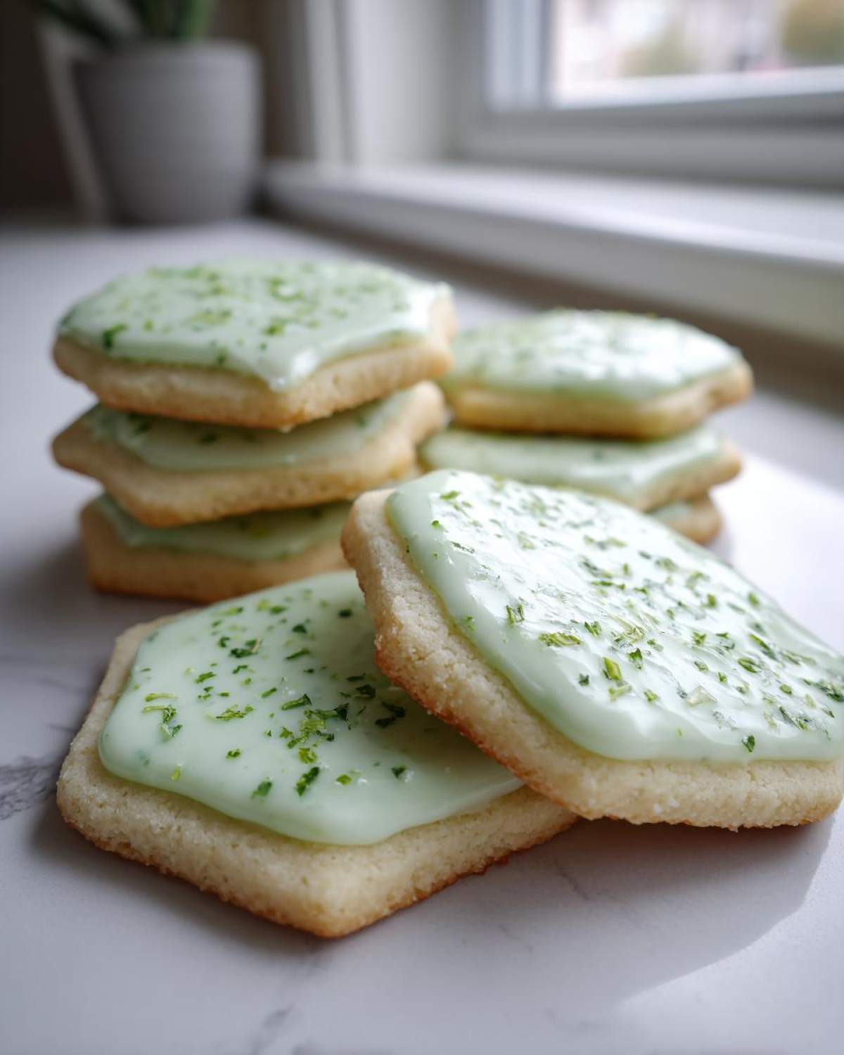 Close-up of square Mojito Sugar Cookies topped with pale green lime glaze and fresh lime zest.