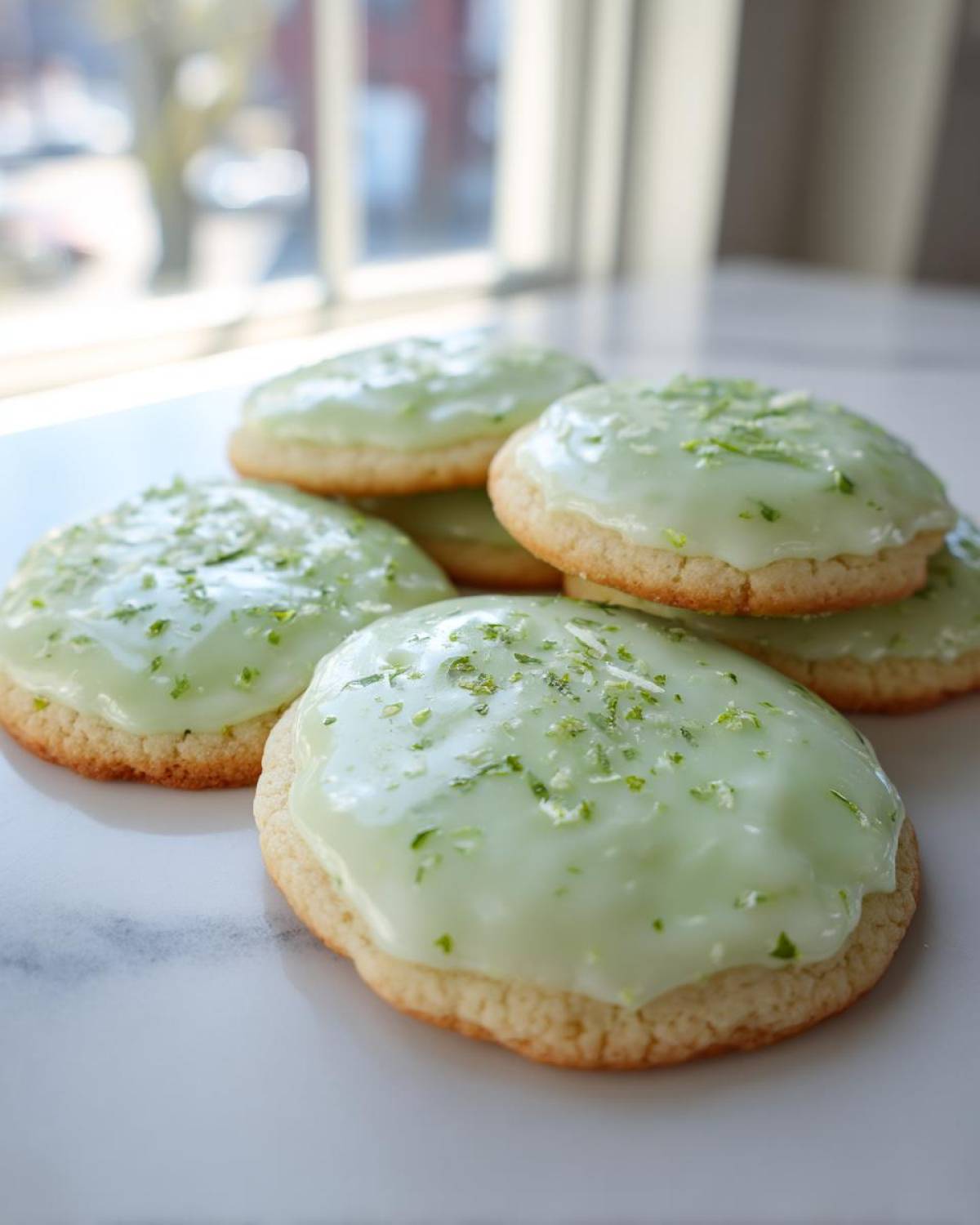 A stack of freshly baked Mojito Sugar Cookies topped with light green lime glaze and bright green lime zest.