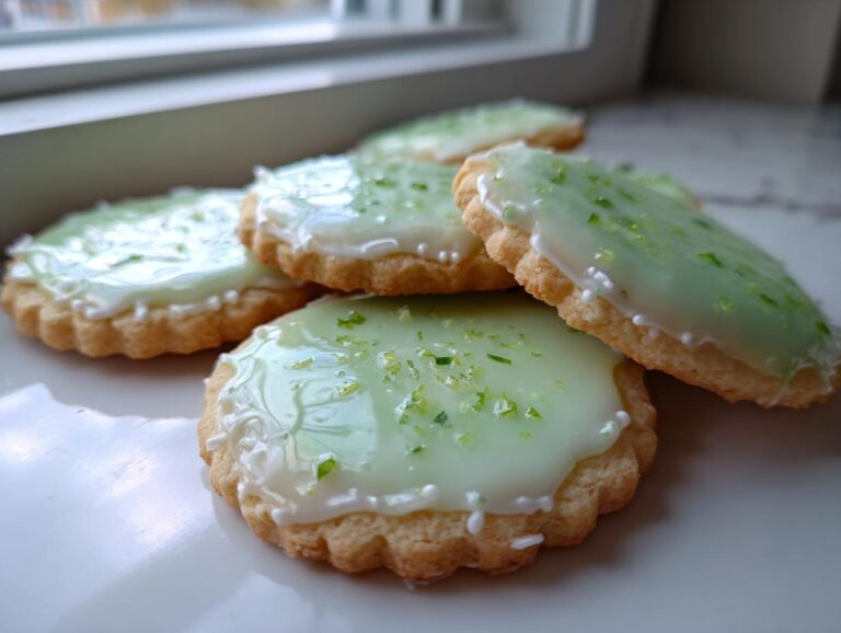 A stack of freshly baked Mojito Sugar Cookies topped with pale green lime icing and bright green zest.