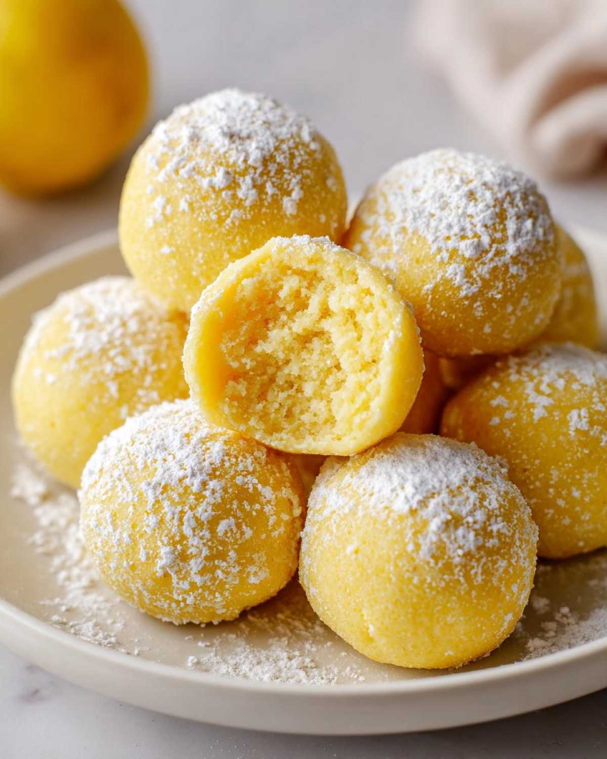 A pile of bright yellow No Bake Lemon Truffles dusted generously with powdered sugar, one is broken open.