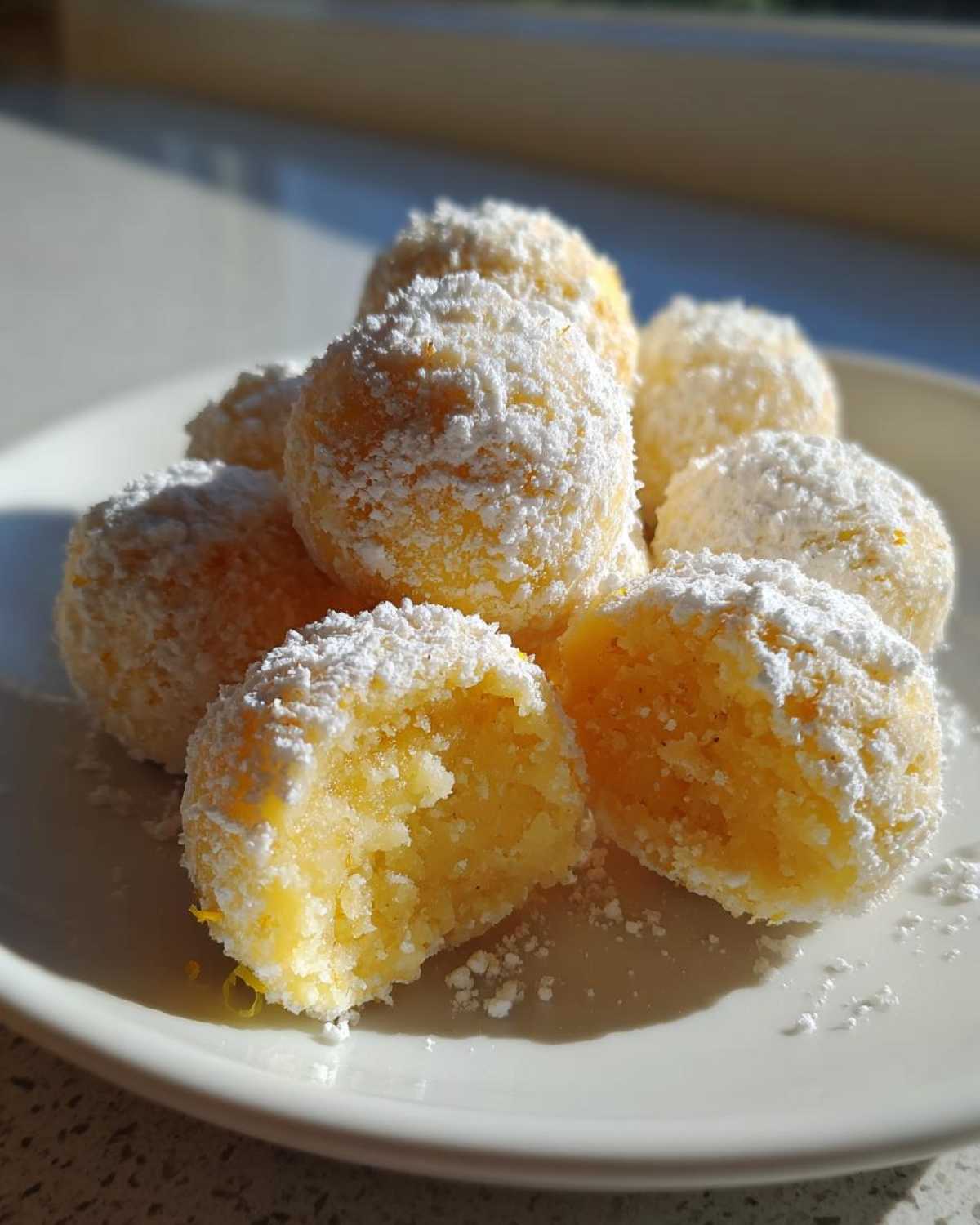 A pile of bright yellow No Bake Lemon Truffles dusted heavily with powdered sugar on a white plate.