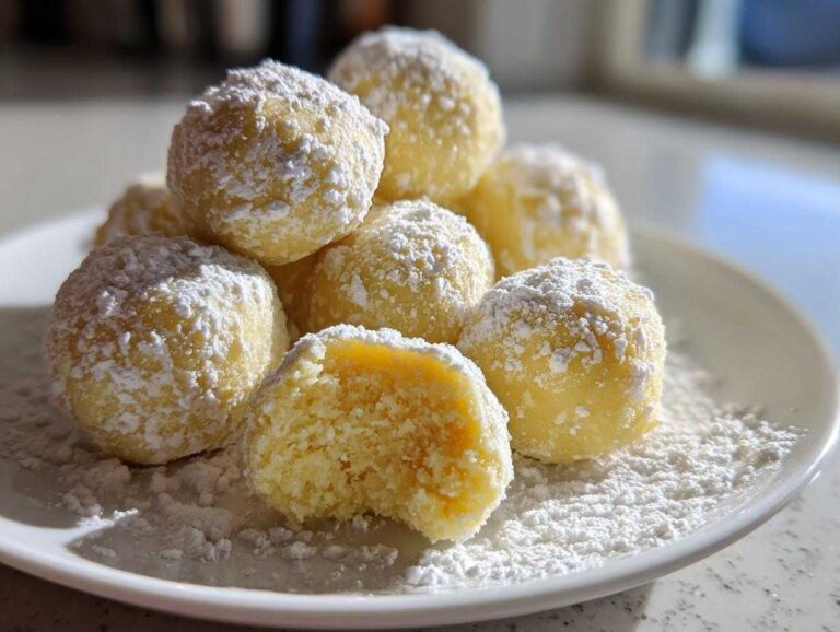 A stack of bright yellow No Bake Lemon Truffles generously coated in white powdered sugar on a white plate.