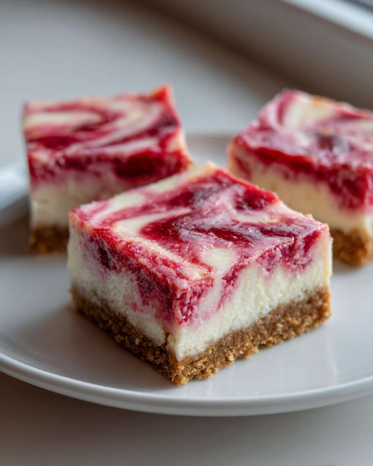Three squares of No Bake Rhubarb Bars featuring a graham cracker crust and a creamy white filling swirled with bright red rhubarb topping.