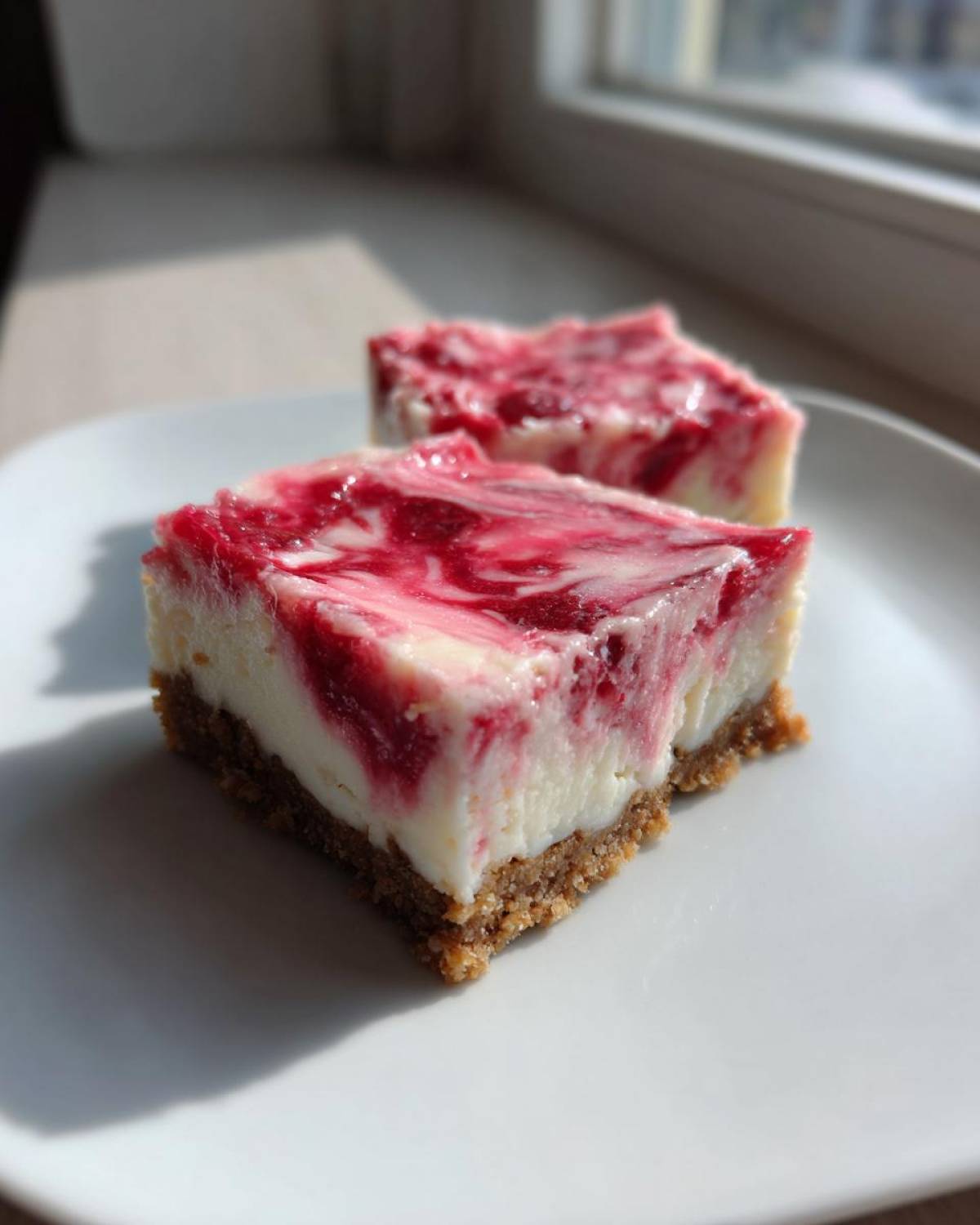 Close-up of two squares of No Bake Rhubarb Bars with a graham cracker crust and swirled pink topping.