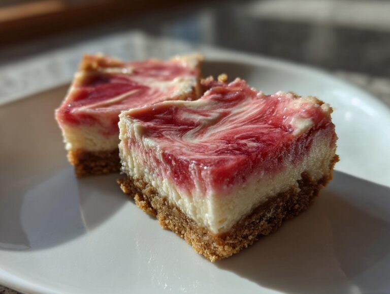 Two decadent squares of No Bake Rhubarb Bars featuring a graham cracker crust and a creamy, pink swirled topping.