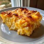 A close-up of a square serving of Paula Deen's Cheesy Squash Casserole with a golden, bubbly, and slightly browned cheesy top.
