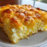 A close-up of a square slice of Paula Deen's Cheesy Squash Casserole with a golden, bubbly cheese topping.