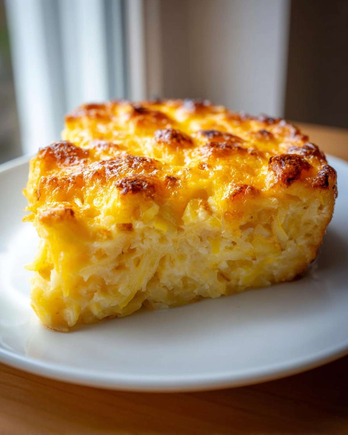 A close-up of a square slice of Paula Deen's Cheesy Squash Casserole with a golden, bubbly cheese topping.